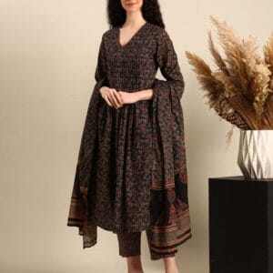 Black & Brown Printed Anarkali Kurta Set with Striped Pants and Dupatta