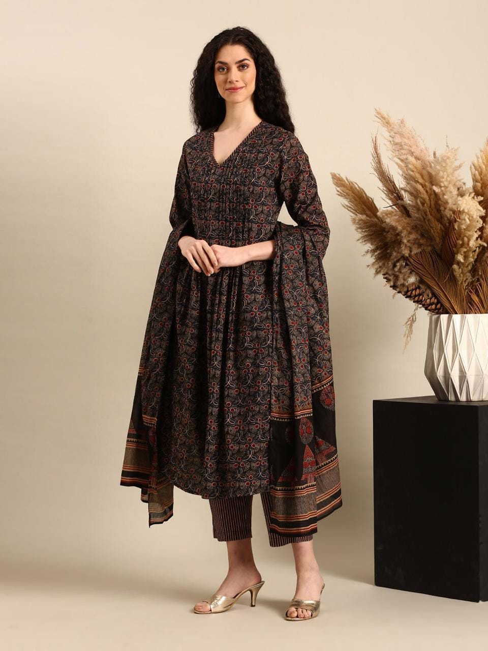 Black & Brown Printed Anarkali Kurta Set with Striped Pants and Dupatta