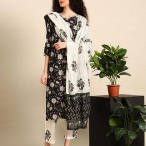 Elegant Black & White Floral Cotton Kurta Set with Dupatta