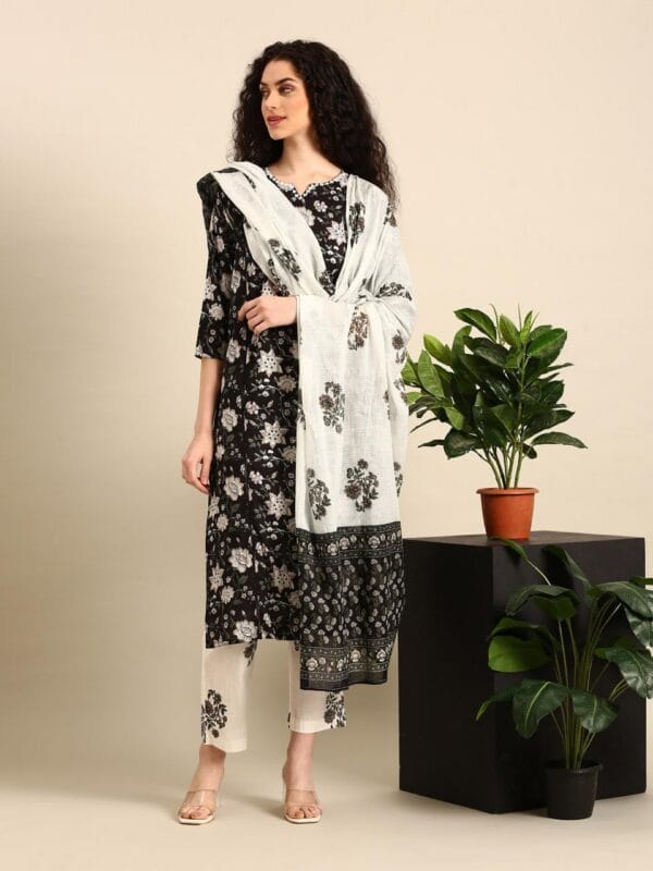 Elegant Black & White Floral Cotton Kurta Set with Dupatta