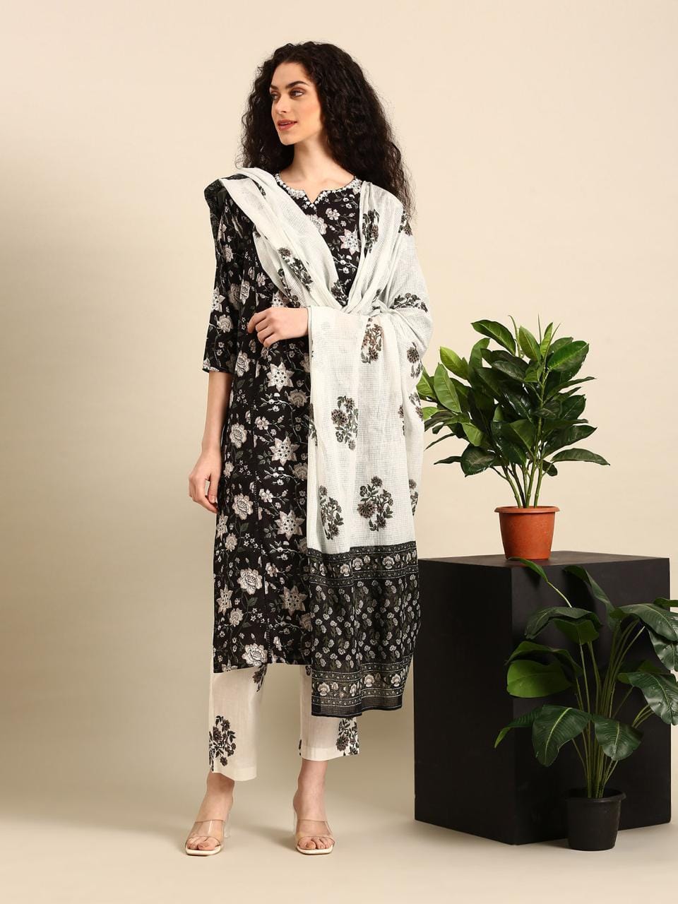 Elegant Black & White Floral Cotton Kurta Set with Dupatta