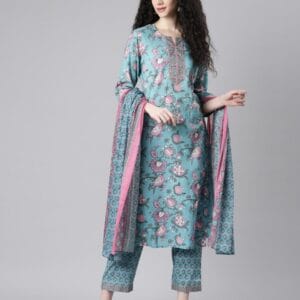 Graceful Light Blue Floral Printed Cotton Kurta Set with Dupatta