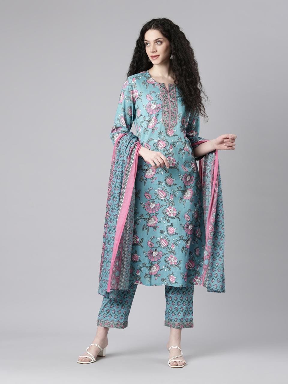 Graceful Light Blue Floral Printed Cotton Kurta Set with Dupatta